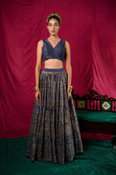 Space blue mughal jaal lehenga skirt with pleated blouse - Sohni